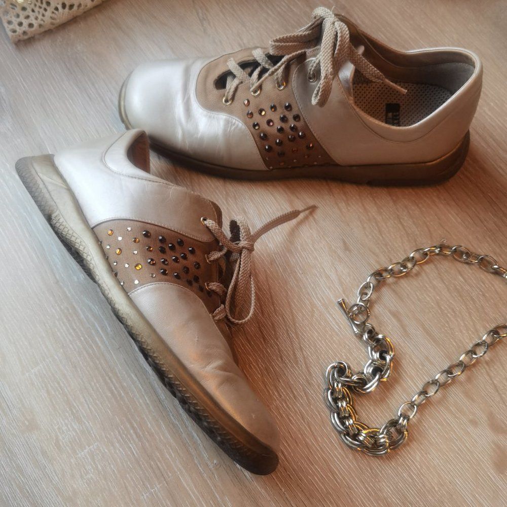 Y2K Vintage Designer Slim Leather Sneaker Gold Jeweled Runners Mesh Beaded 90s